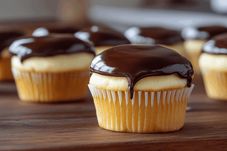 Boston Cream Pie cupcakes on wooden counter