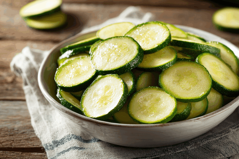 Steamed zucchini squash in rustic kitchen