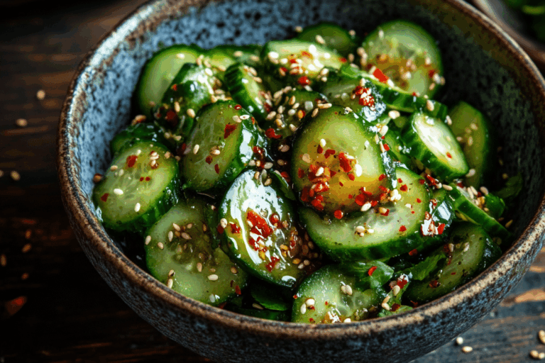 cucumber salad TikTok recipe in rustic bowl