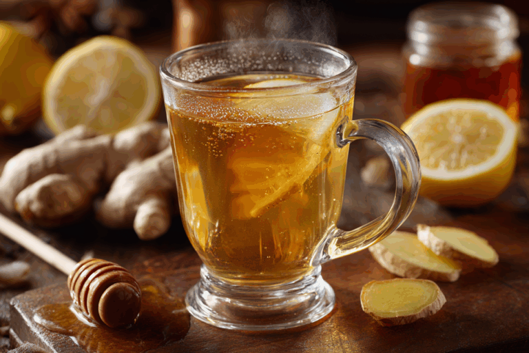 glass mug of tea with ginger honey lemon