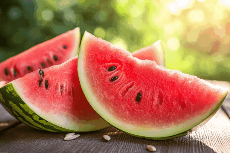 Juicy watermelon slices on a rustic table during watermelon season