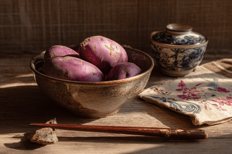 Okinawa recipes sweet potato featured image with rustic table