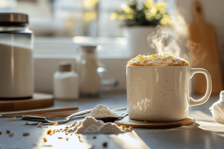 protein mug cake mix freshly made in a mug