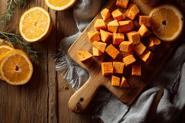 roasted orange and sweet potato on a rustic counter