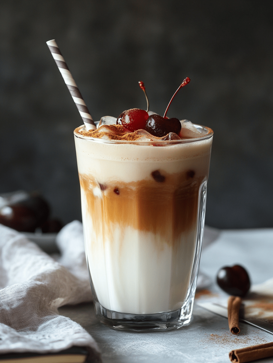 Served iced cherry chai latte with cherry garnish