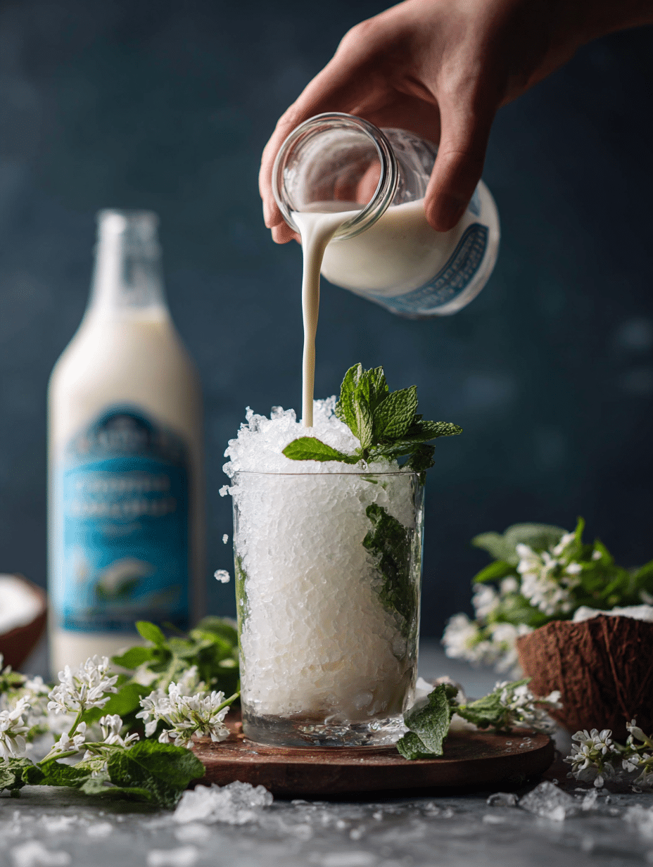 pouring coconut milk into mojito coconut