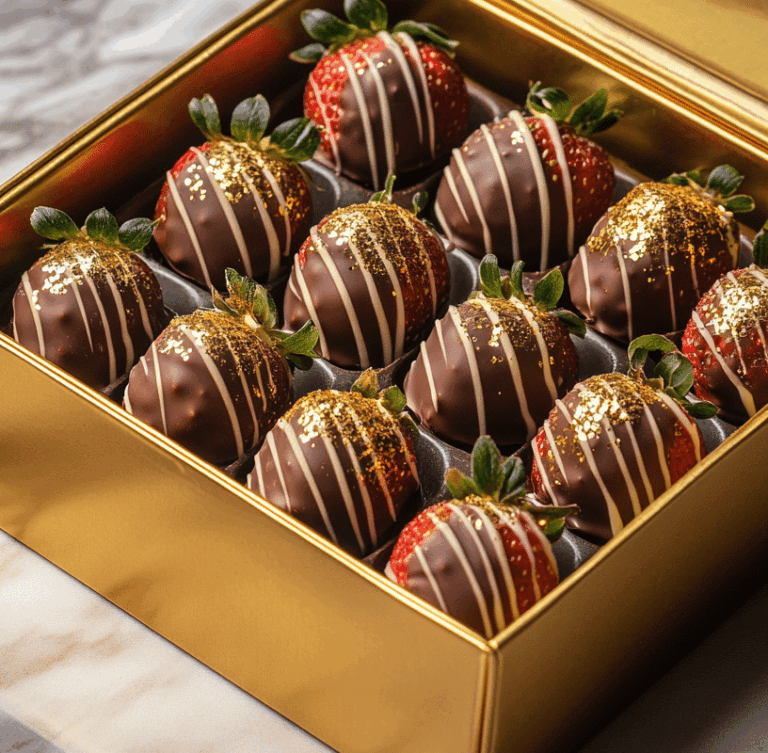 Dubai chocolate covered strawberries in gold box