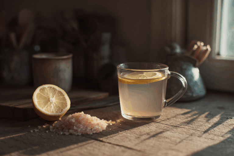 The Pink Salt Recipe with ingredients: Himalayan pink salt, lemon, apple cider vinegar, and warm water