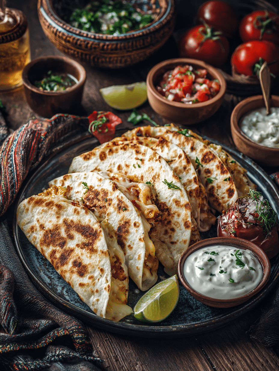 Served pizza tacos with dipping sauces and toppings