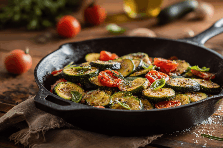 Sautéed zucchini with tomato in rustic skillet
