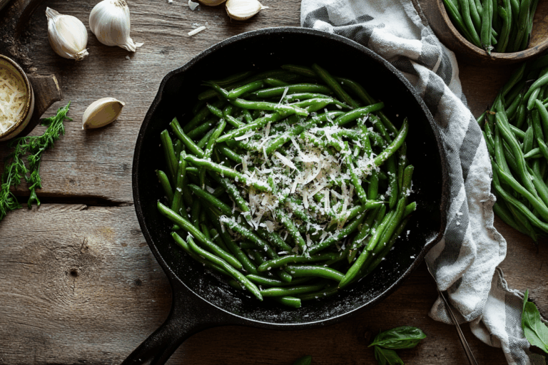 Garlic parmesan green beans in a skillet