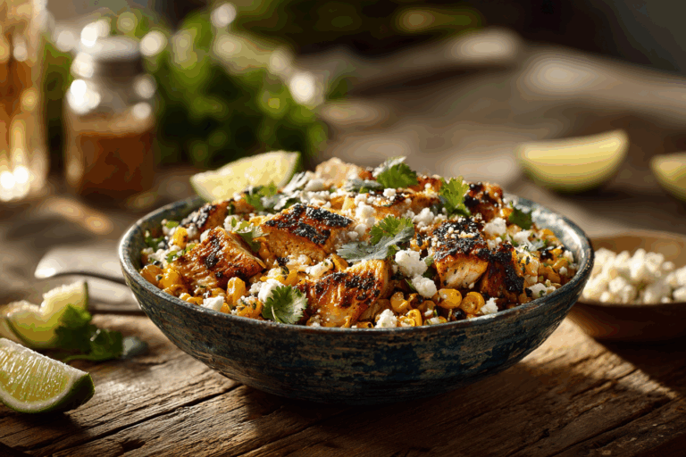 Street corn chicken bowl on wooden table