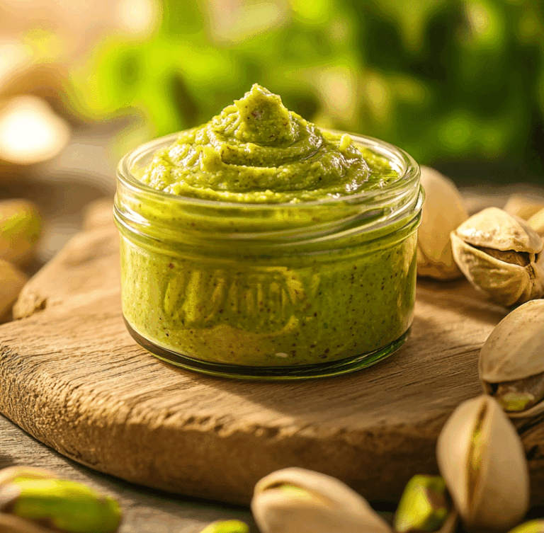 Pistachio nut butter in a glass jar on wooden table