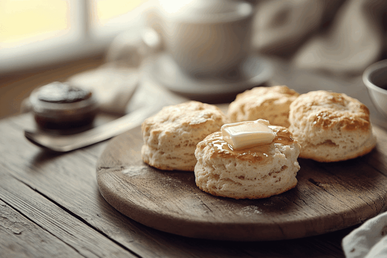 Freshly baked Irish soda bread scones on rustic table