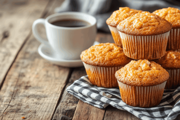 Cottage cheese carrot cake muffins stacked on wooden table