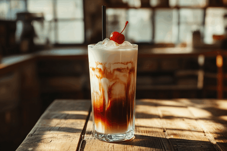 Iced cherry chai latte in a glass with milk swirl and cherry on top
