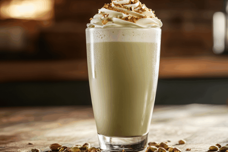 Pistachio latte milkshake on rustic table