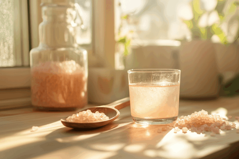 Glass of Himalayan pink salt water on kitchen counter