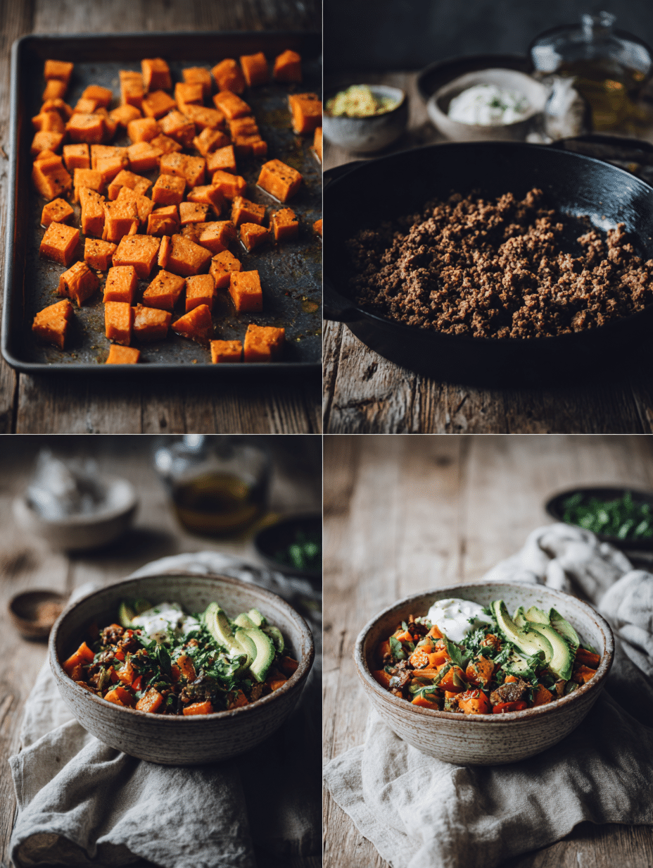 4-step ground beef and sweet potato bowl cooking process