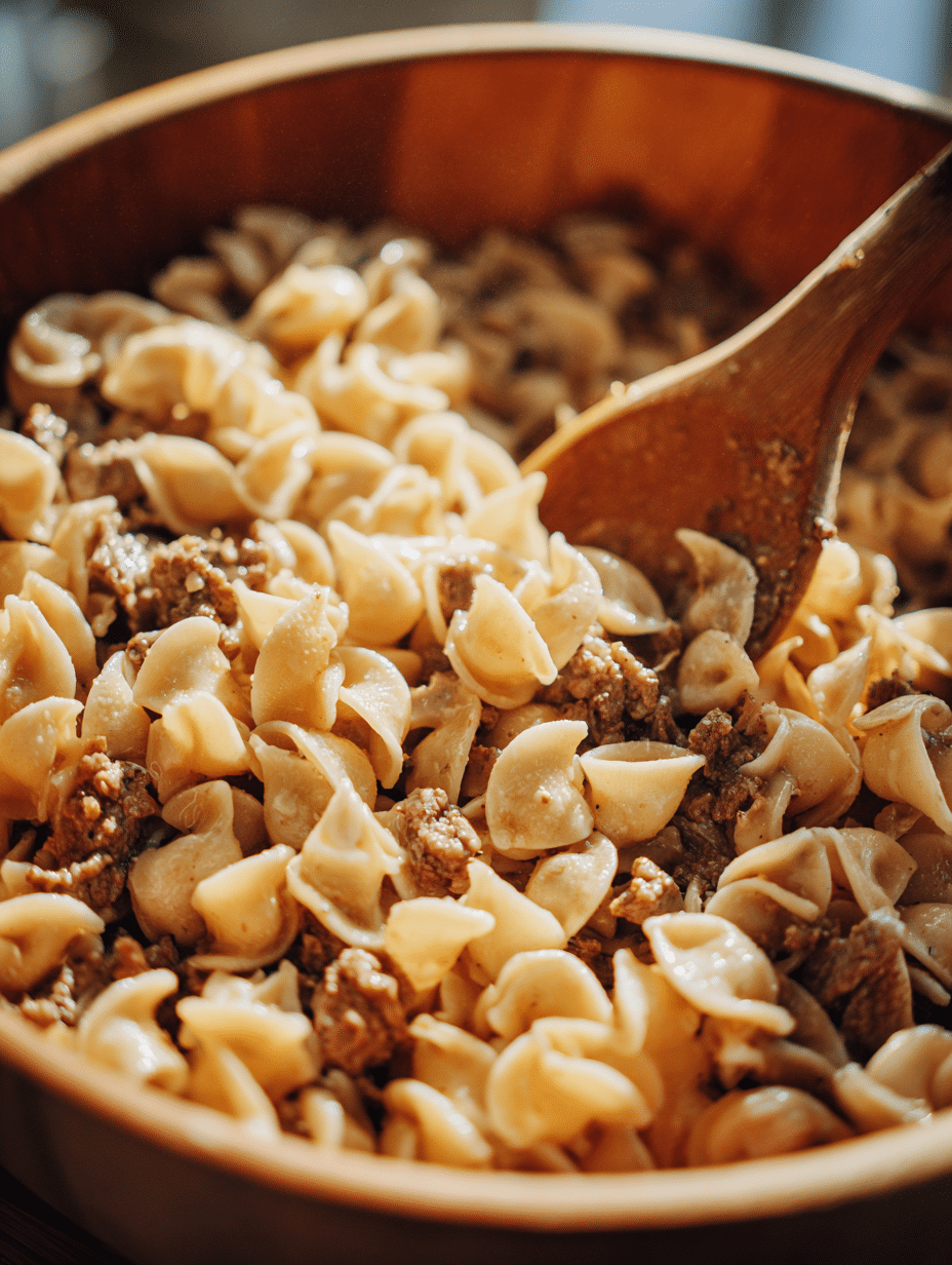 mixing pasta and taco-seasoned beef in bowl