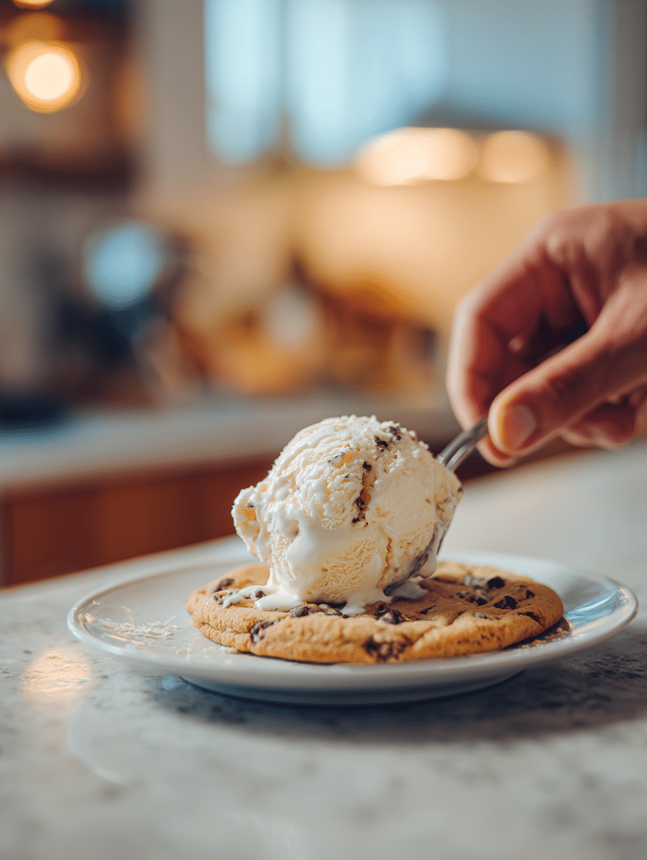 scooping vanilla ice cream onto crumble cookie