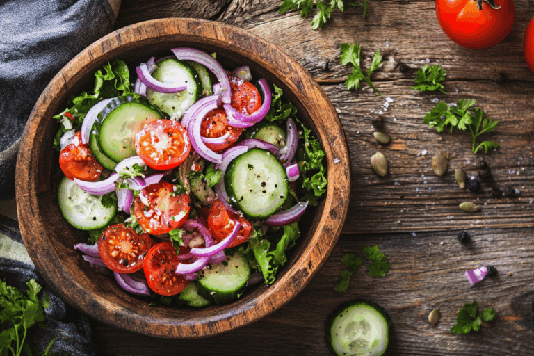 Fresh tomato onion cucumber salad in rustic bowl