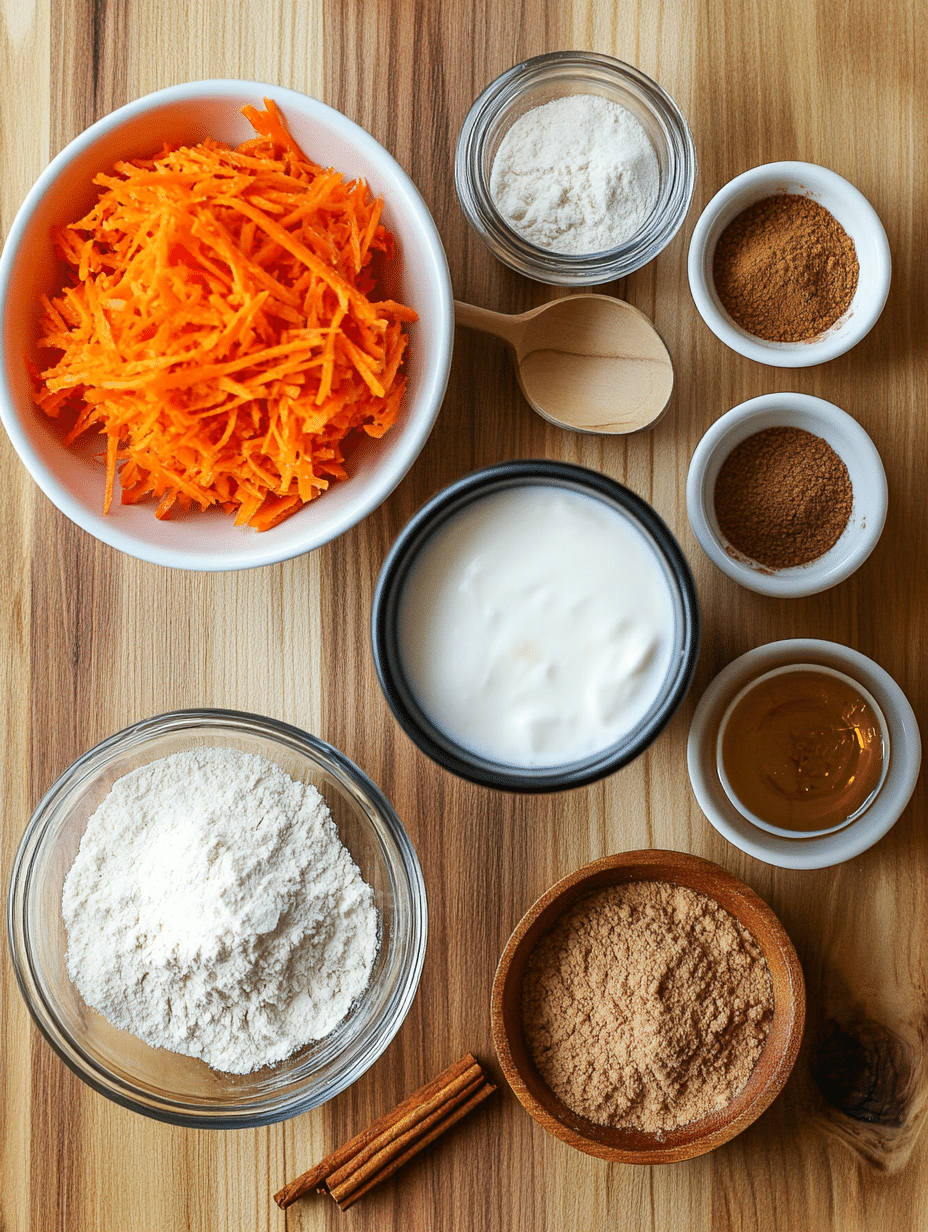 Ingredients for carrot mug cake laid out on a wooden surface