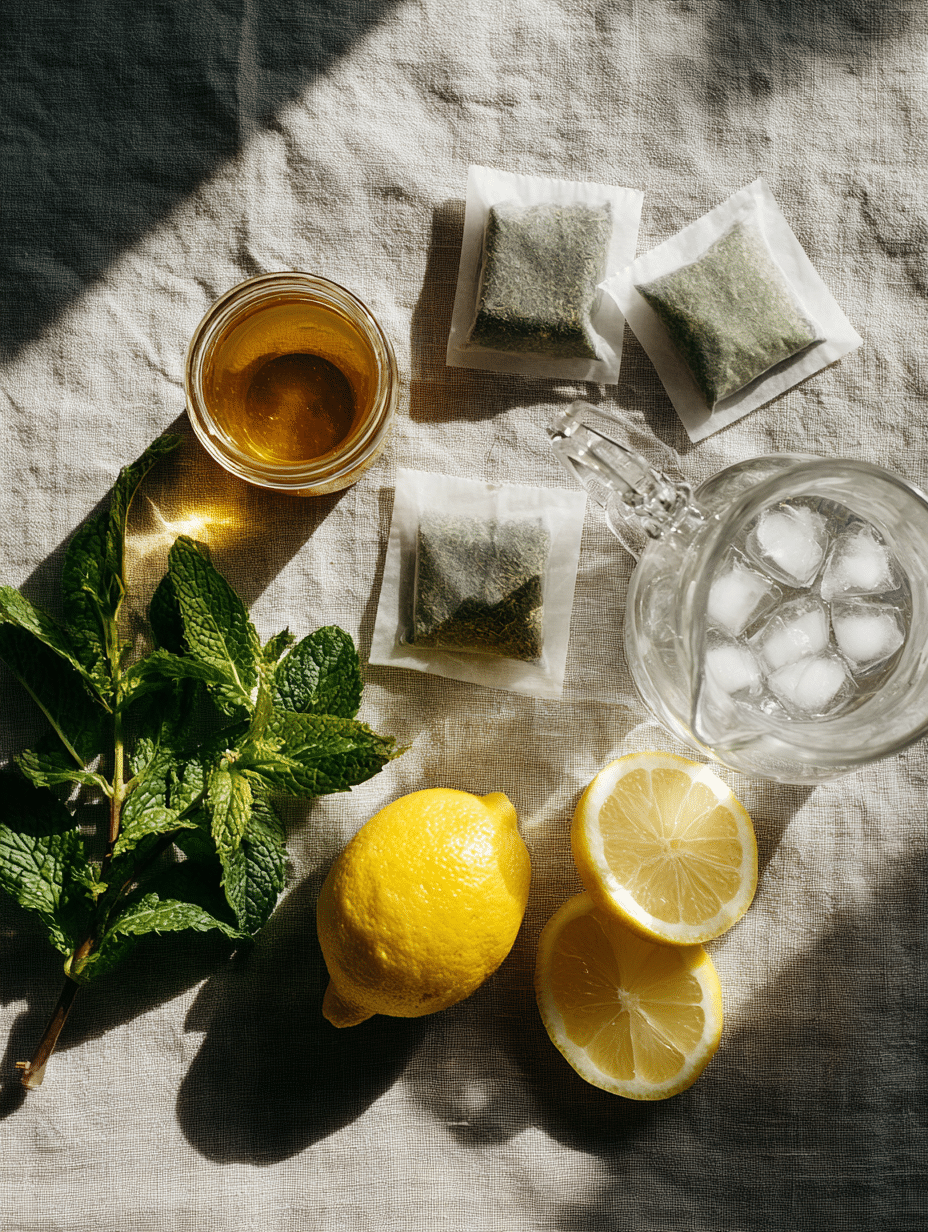 Ingredients for Green Tea Recipes Iced on a linen cloth