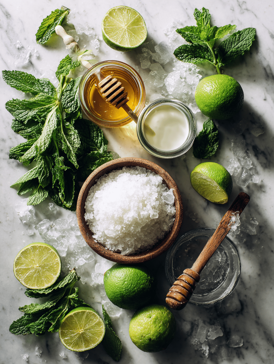 mojito coconut mocktail ingredients on marble