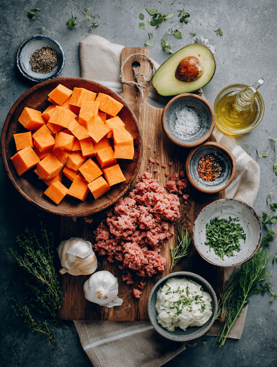 4-step ground beef and sweet potato bowl cooking process
