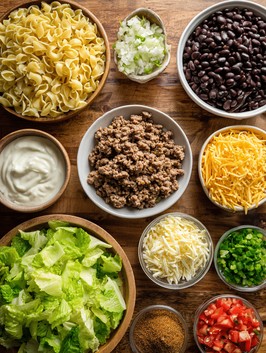 ingredients for taco noodle salad arranged on a counter