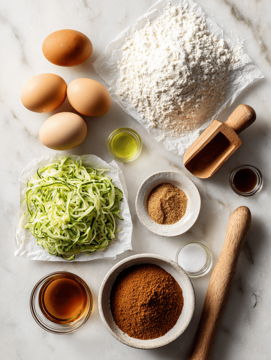 Zucchini squash cake recipe ingredients laid out neatly