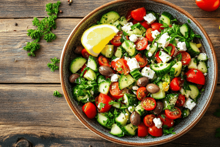 Cucumber salad Mediterranean in rustic bowl with feta and tomatoes