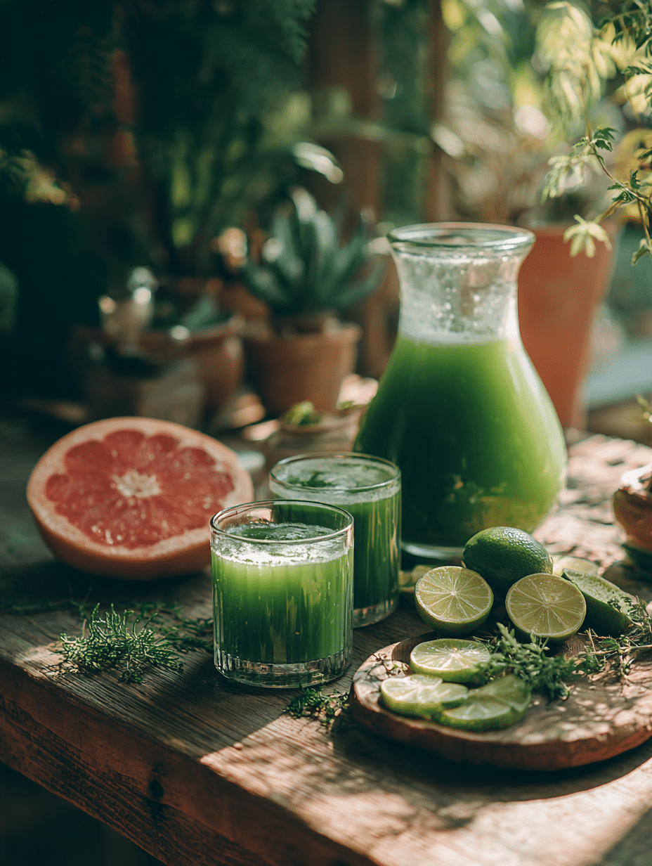 homemade agua fresca matcha with fruit and herbs