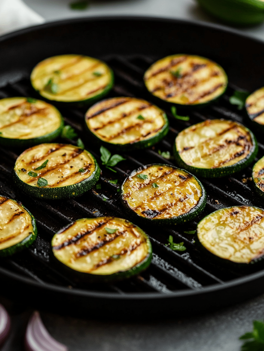 zucchini slices grilling in a pan