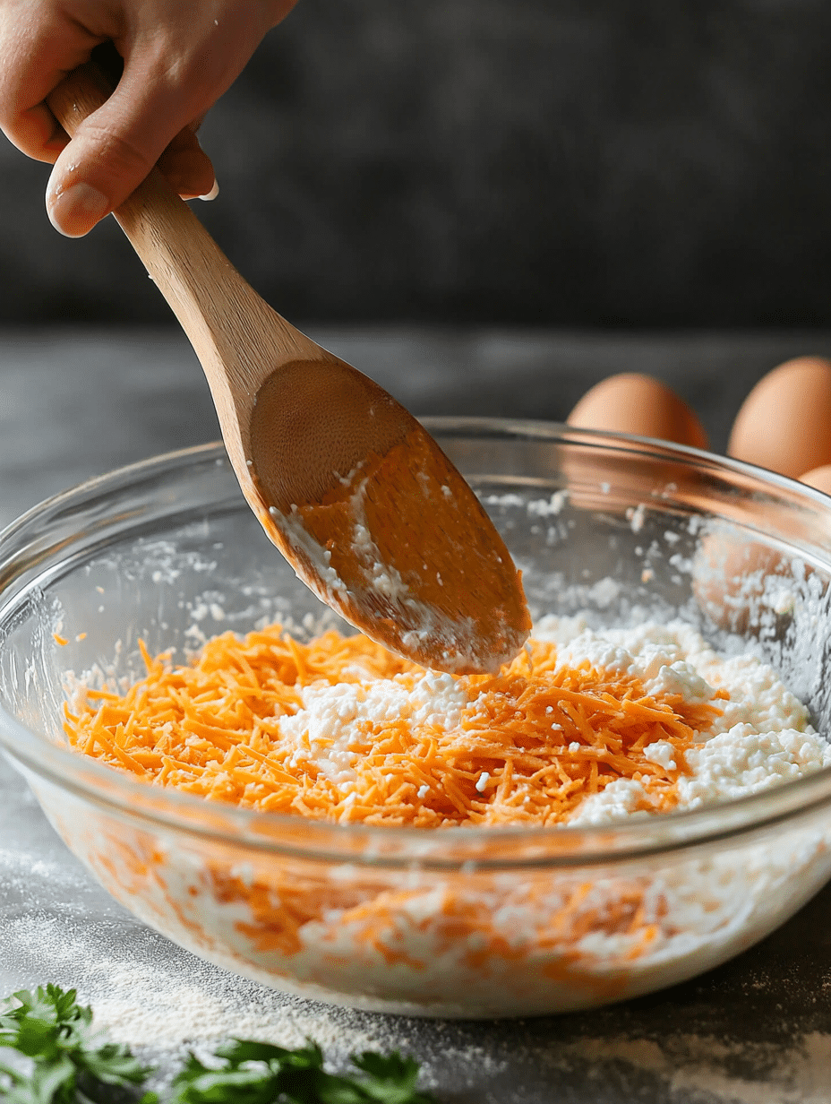 Mixing cottage cheese and carrots in muffin batter