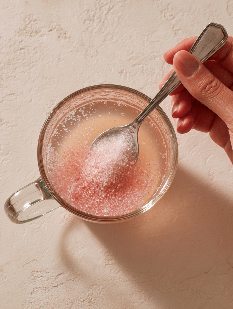 Stirring the pink salt recipe in glass mug