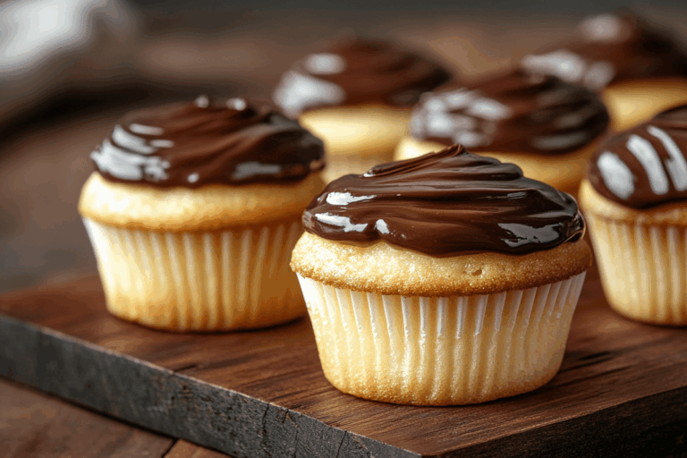 Boston cream cupcakes on wooden tray