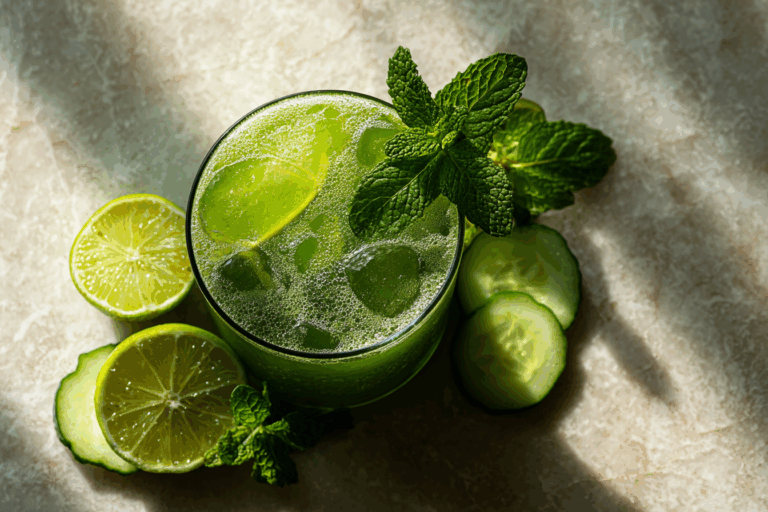 glass of refreshing agua fresca matcha with lime and mint