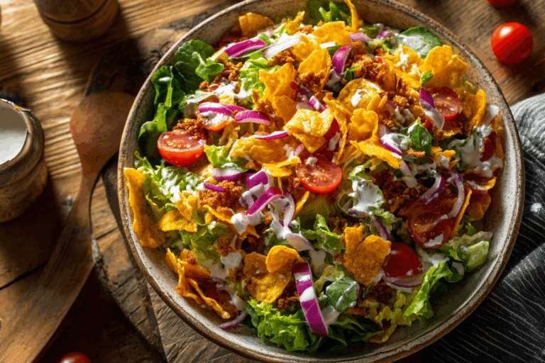 taco noodle salad in rustic bowl with fresh toppings