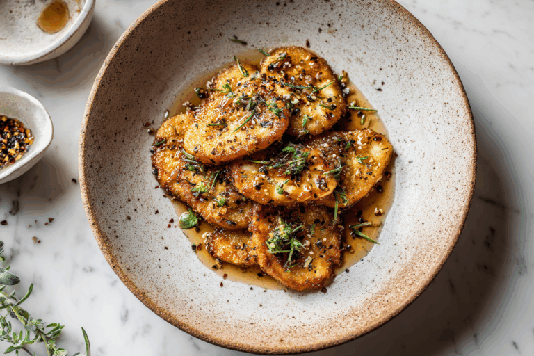 Hot honey halloumi schnitzel on ceramic plate