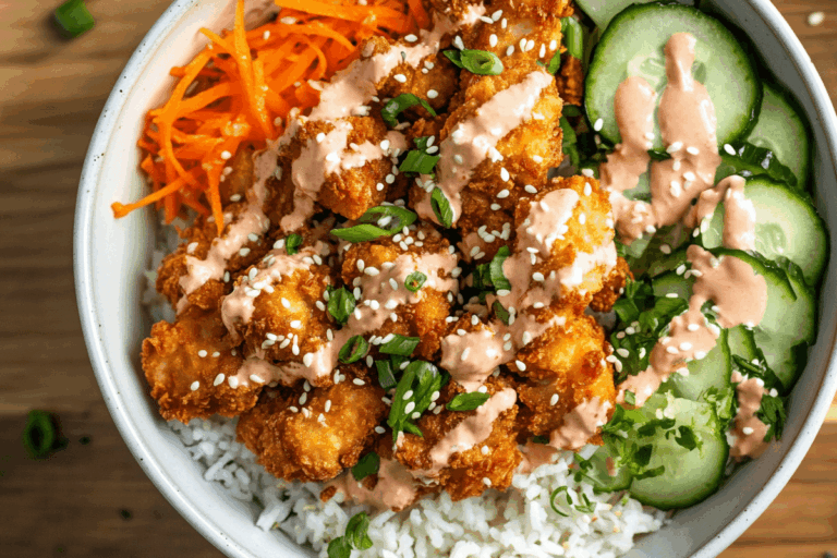 Overhead shot of bang bang chicken bowl with rice, vegetables, and spicy creamy sauce