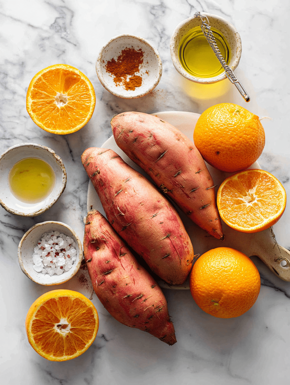 raw sweet potatoes and oranges with spices
