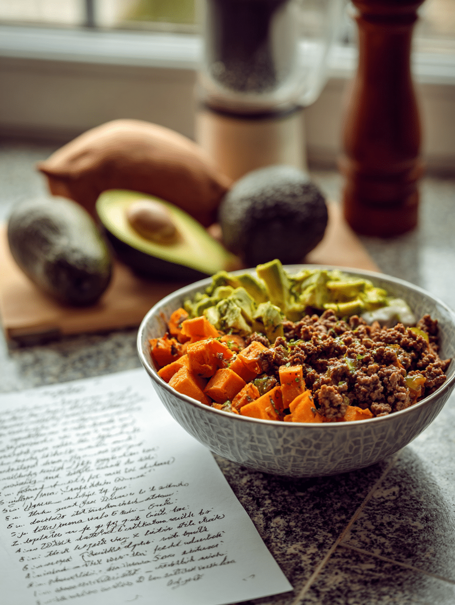 Recipe card for beef and sweet potato bowl