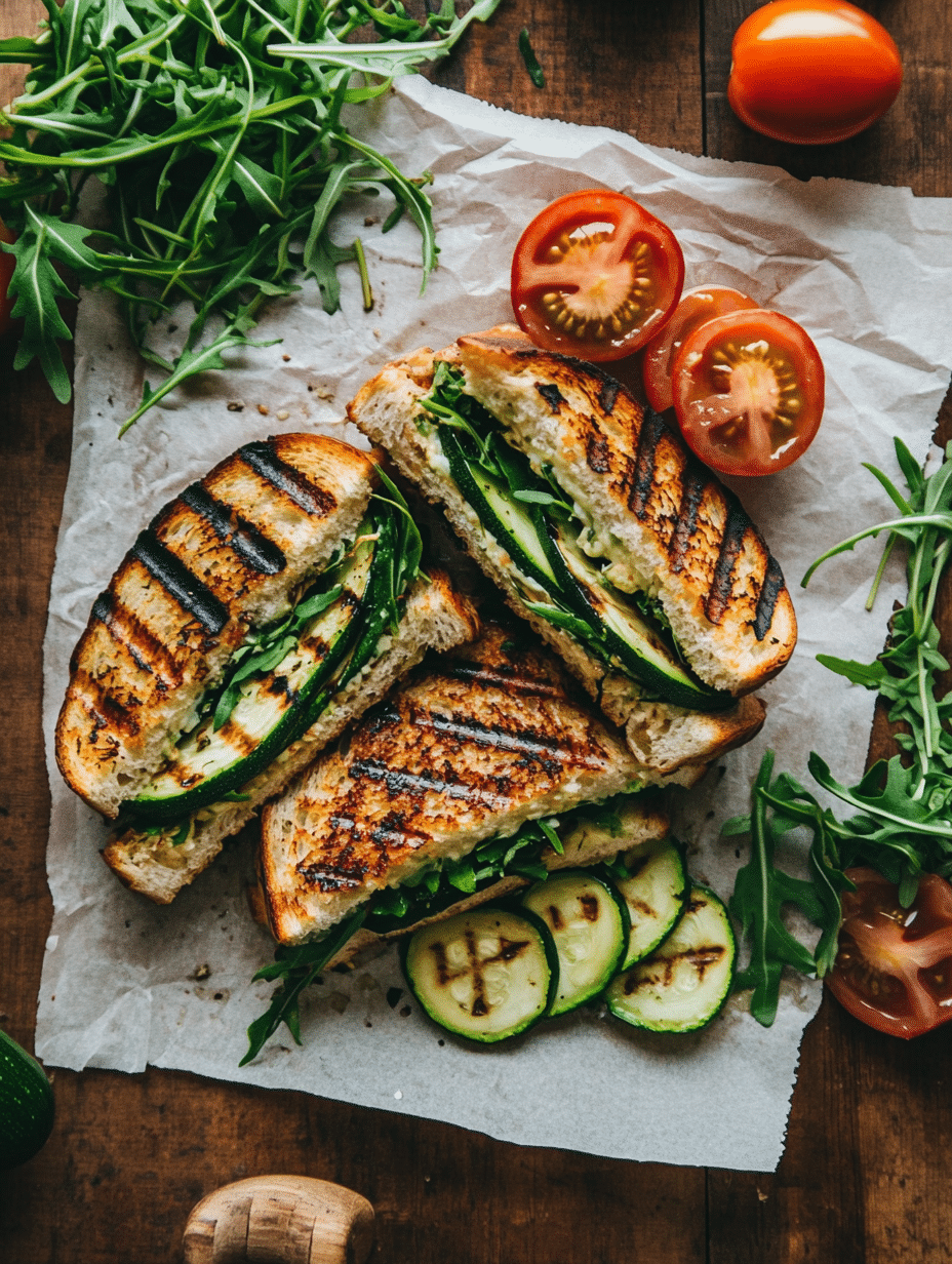 grilled zucchini sandwich cut in half with labeled ingredients