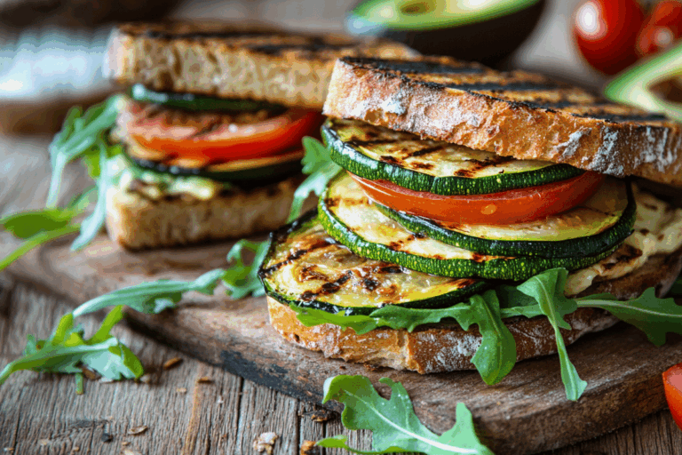 zucchini sandwich on sourdough with grilled veggies