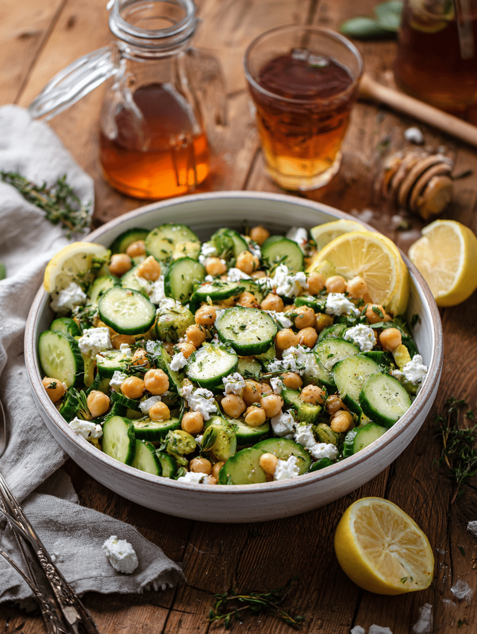 High protein cucumber salad served with herbs and lemon
