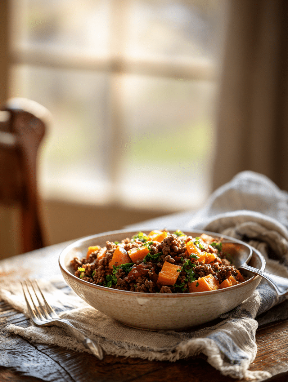 Served ground beef and sweet potato bowl