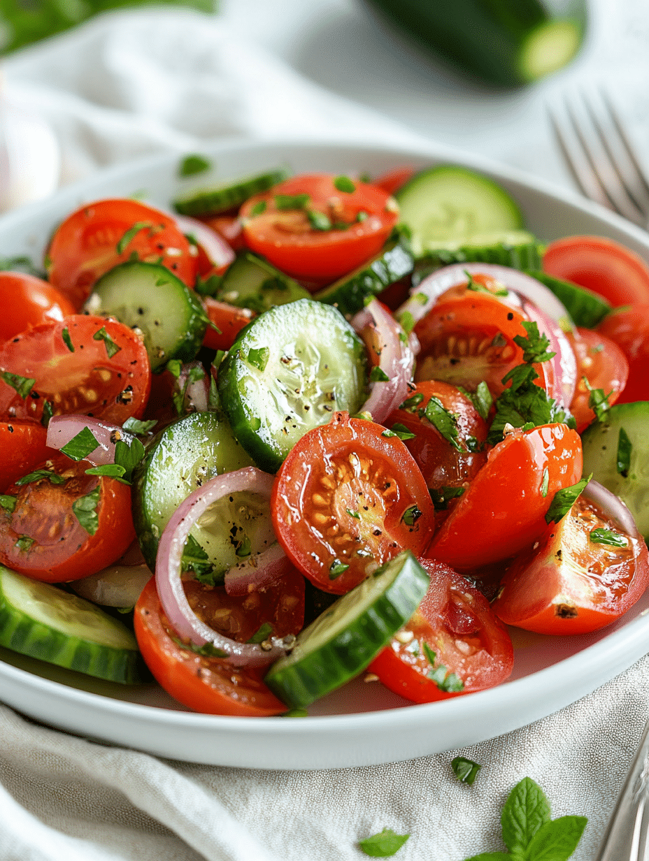 Tomato onion cucumber salad served and garnished