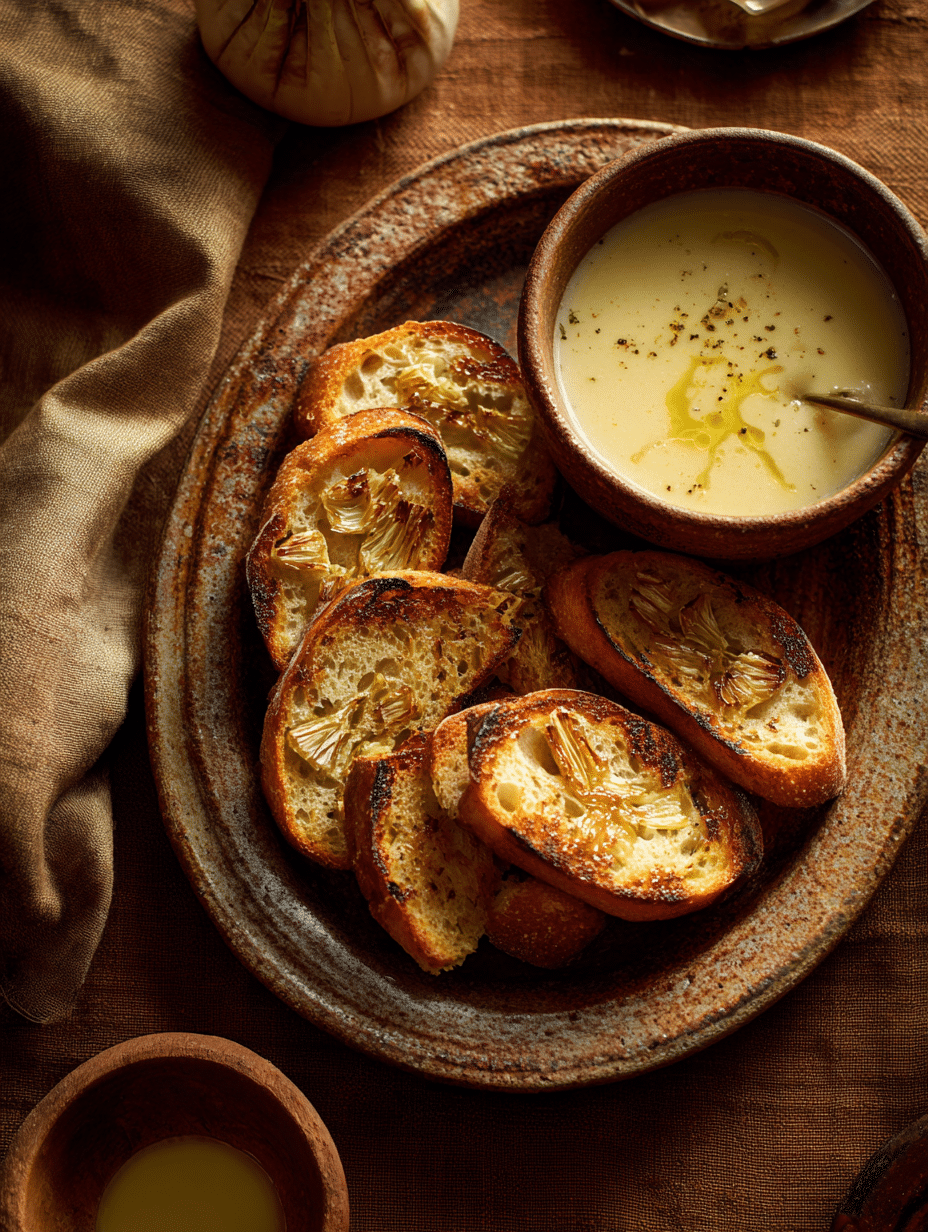 Roasted shallot and garlic bread served with soup